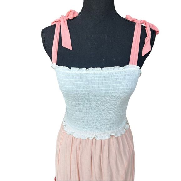 Women’s Tiered Color Block Smocked Maxi Dress-Tie Sleeves-See Description on SZ - Picture 14 of 16